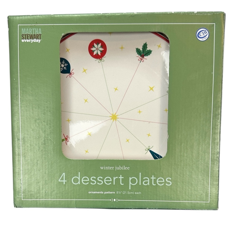 Martha Stewart Winter Jubilee Ornaments Pattern 4 Stoneware Dessert Plates NIB